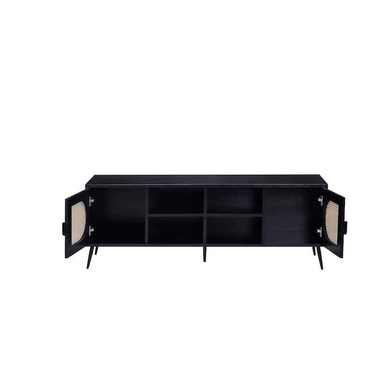 60" Transitional Style TV Stand with Rattan Door & Open Compartments