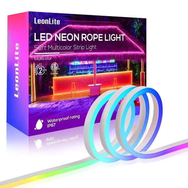 slide 2 of 10, 50FT LED Neon Rope Lights Outdoor, IP67 Waterproof, AC 120V RGB