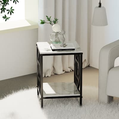 Modern side table in the shape of a rose: 2-tier sofa side table with burnished stone top and gold/black frame for living room