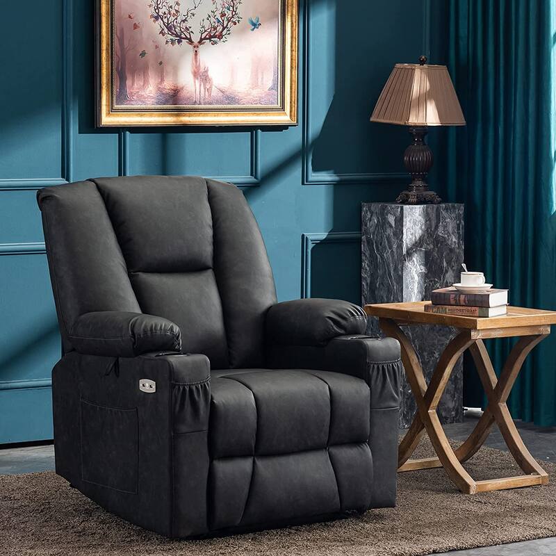 Mcombo Electric Power Recliner with Massage & Heat, Extended Footrest, 2 USB Ports, Side Pockets, Cup Holders, Faux Leather 8015