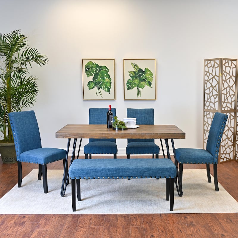 Roundhill Furniture Amisos 6-Piece Dining Set, Hairpin Dining Table with 4 Chairs and Upholstery Bench - Blue