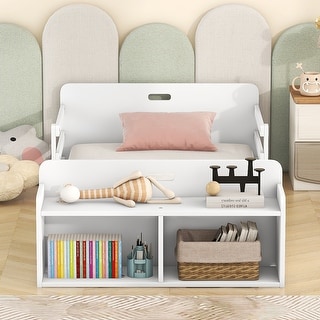 Twin Floor Bed with Guardrail and Storage Footboard, White