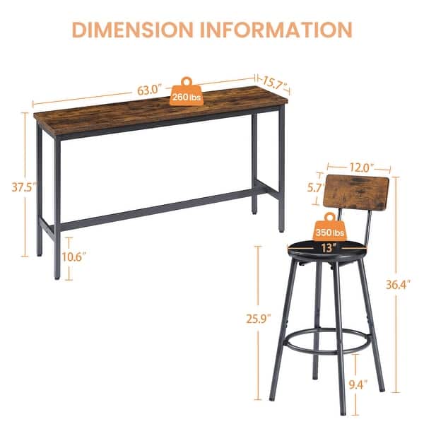Long Bar Table Set with 3 PU Upholstered Bar Stools, Industrial Bar Table and Chairs for Kitchen Breakfast Table