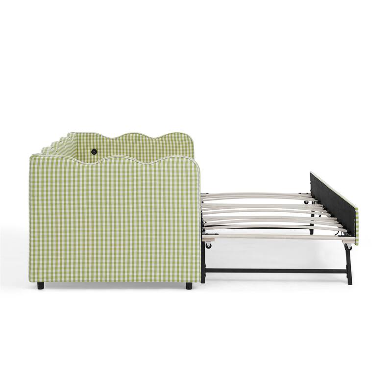 Roomfitters Gingham Daybed with Trundle, Twin Upholstered Sofa Bed with USB Port and Wave Edge Design