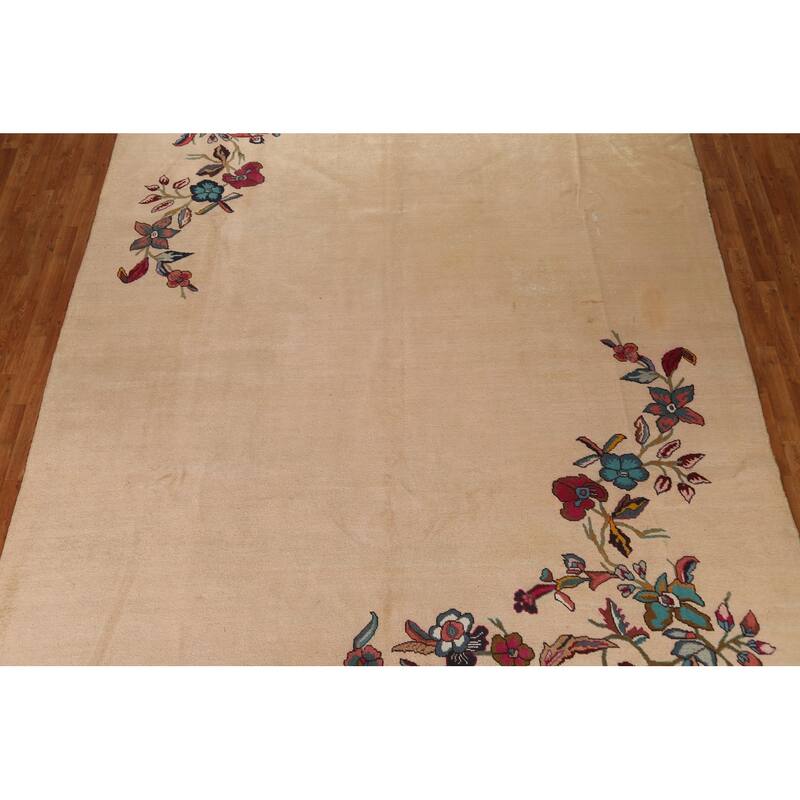 Hand Knotted Oriental 100% Wool Carpet Traditional Floral Beige & Ivories Art Deco Area Rug - 12' 10'' X 9' 5''