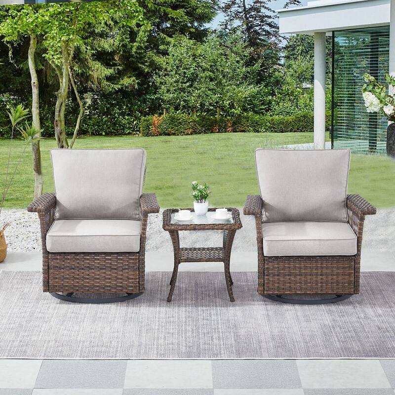 Outdoor Glider Chair with Soft Cushion - Brwon Wicker Beige Cushion - 3PCS Glider Chairs with Table