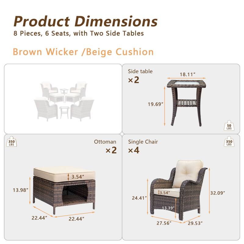 Brown Wicker Outdoor Patio Conversation Seating Sets with Beige Cushions