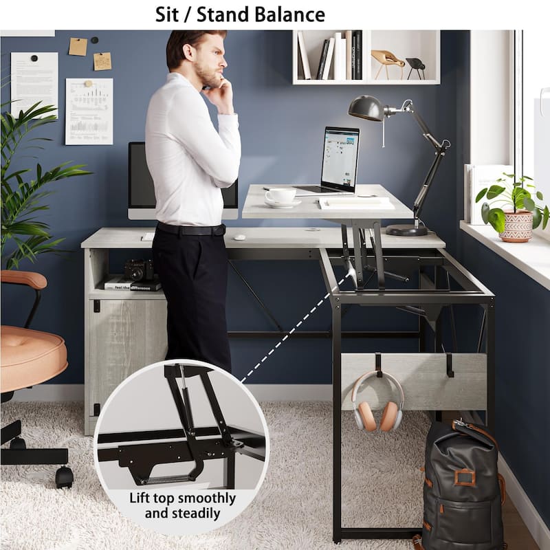 Versatile 60" L Shaped Standing Desk with Lift Top & Storage Cabinet, Corner Desk Extending to 95’’ with Hooks