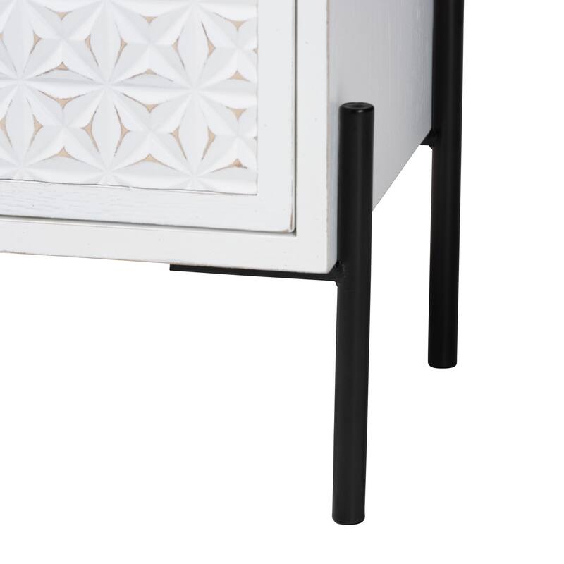 Nefeli Mid-Century Transitional White Finished Wood and Black Metal 1-Drawer Storage Cabinet