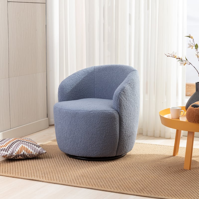 Light Blue Wool Modern 25.6" Upholstered Swivel Barrel Chair with Black Powder Coating and Metal Ring - Light Blue Wool