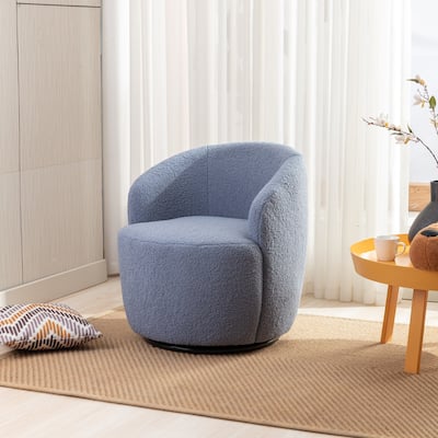 Light Blue Wool Modern 25.6" Upholstered Swivel Barrel Chair with Black Powder Coating and Metal Ring