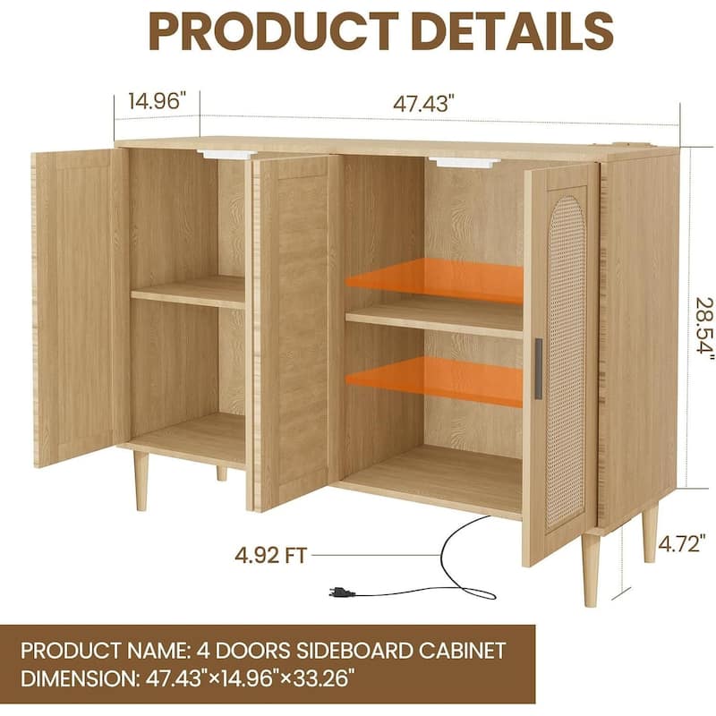 Rattan Sideboard Buffet Cabinet With Power Outlet, BOHO Wooden Side board With 4 Doors