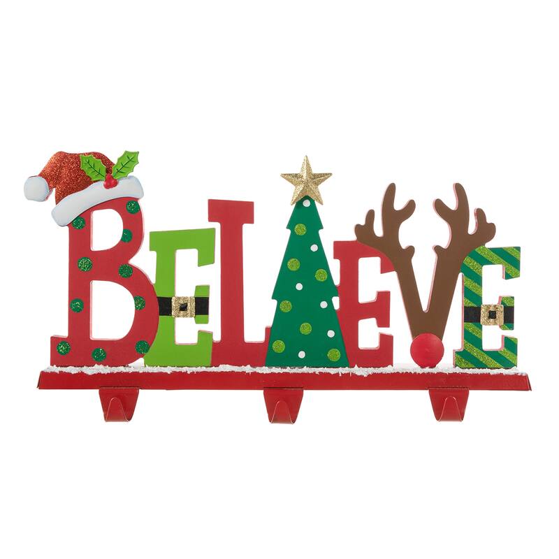 Glitzhome 8"H BELIEVE Christmas Stocking Holder Xmas Fireplace Decoration