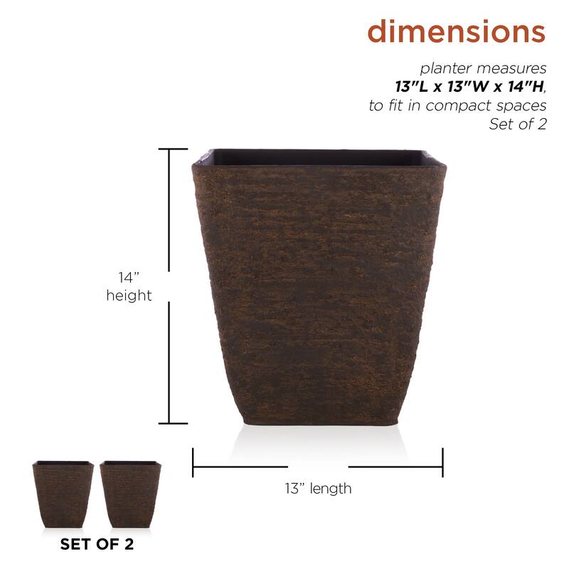 Alpine Corporation Indoor/Outdoor Stone-look Squared Planter, Large, Brown (Set of 2)