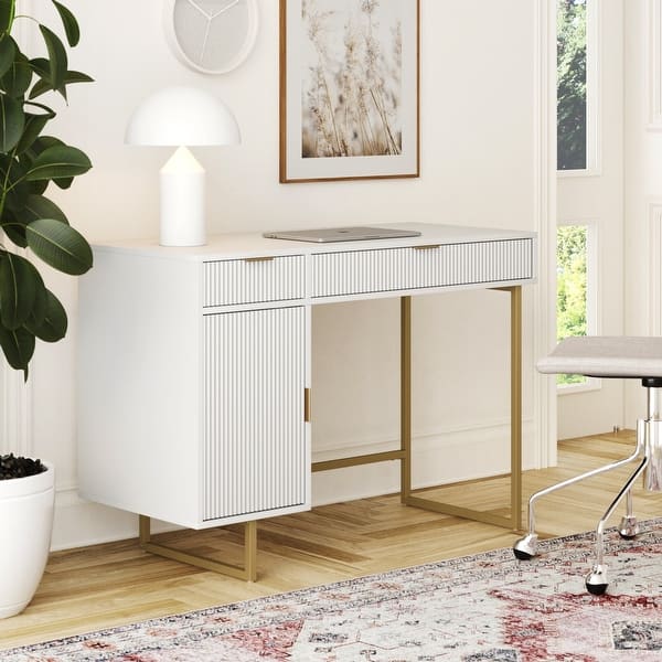 slide 2 of 8, Jacklyn White Modern Computer Desk, Workstation or Writing Desk for Small Spaces with Drawers and Cabinet Storage