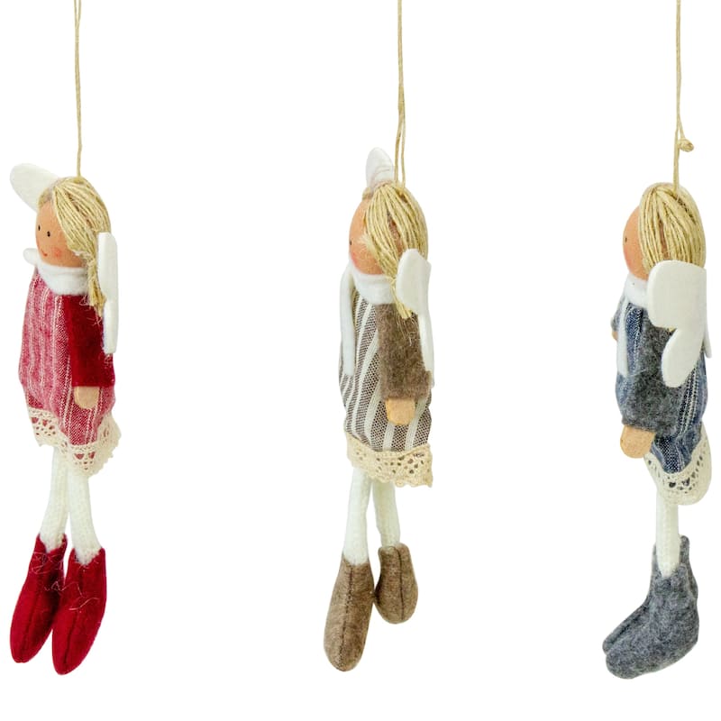 Angel Doll with Wings Christmas Ornaments - 6" - Red, Brown and Blue - Set of 3