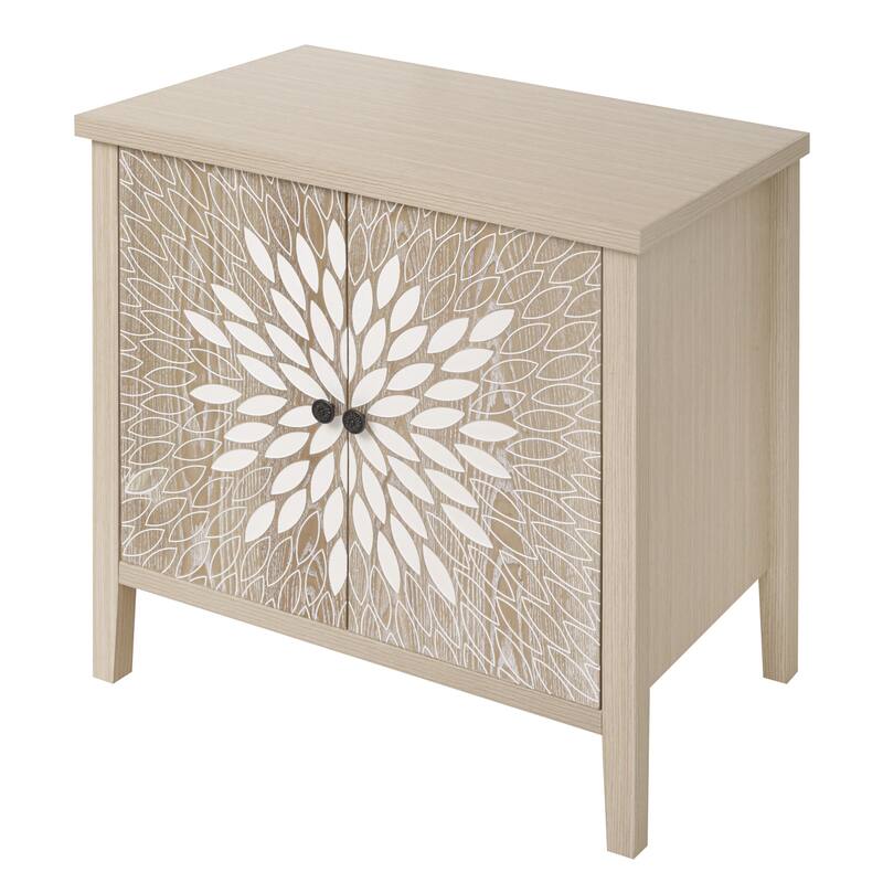 GDFStudio - Oakcraft Traditional Wooden Accent Storage Cabinet with 2 Carved Doors