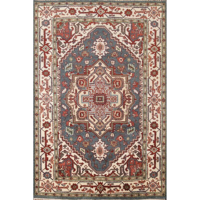 Geometric Blue Heriz-Serapi Oriental Accent Rug Handmade Wool Carpet - 4'1"x 6'0"