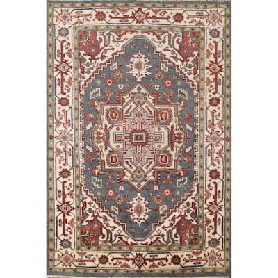 Geometric Blue Heriz-Serapi Oriental Accent Rug Handmade Wool Carpet - 4'1"x 6'0"