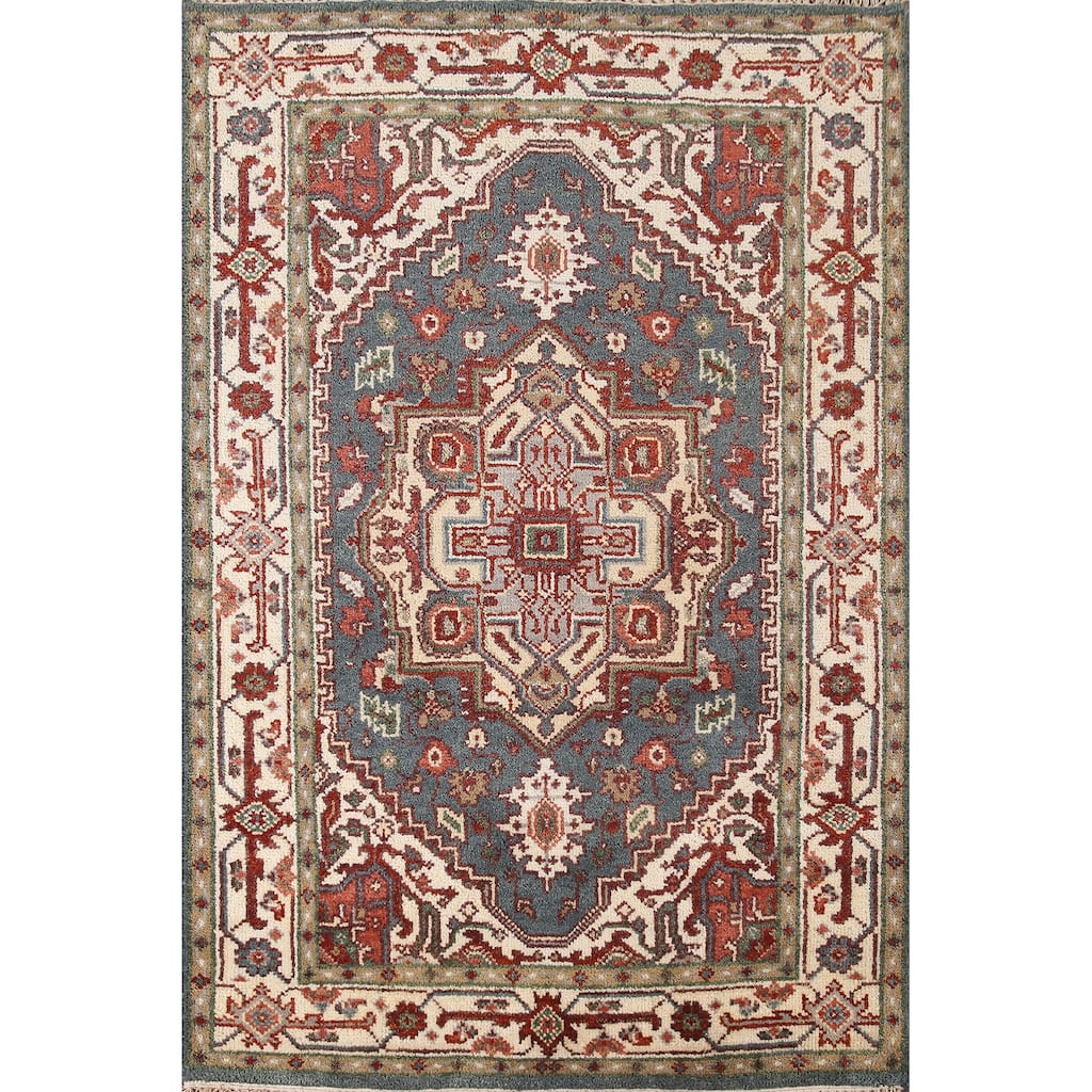Geometric Blue Heriz-Serapi Oriental Accent Rug Handmade Wool Carpet - 4'1"x 6'0"