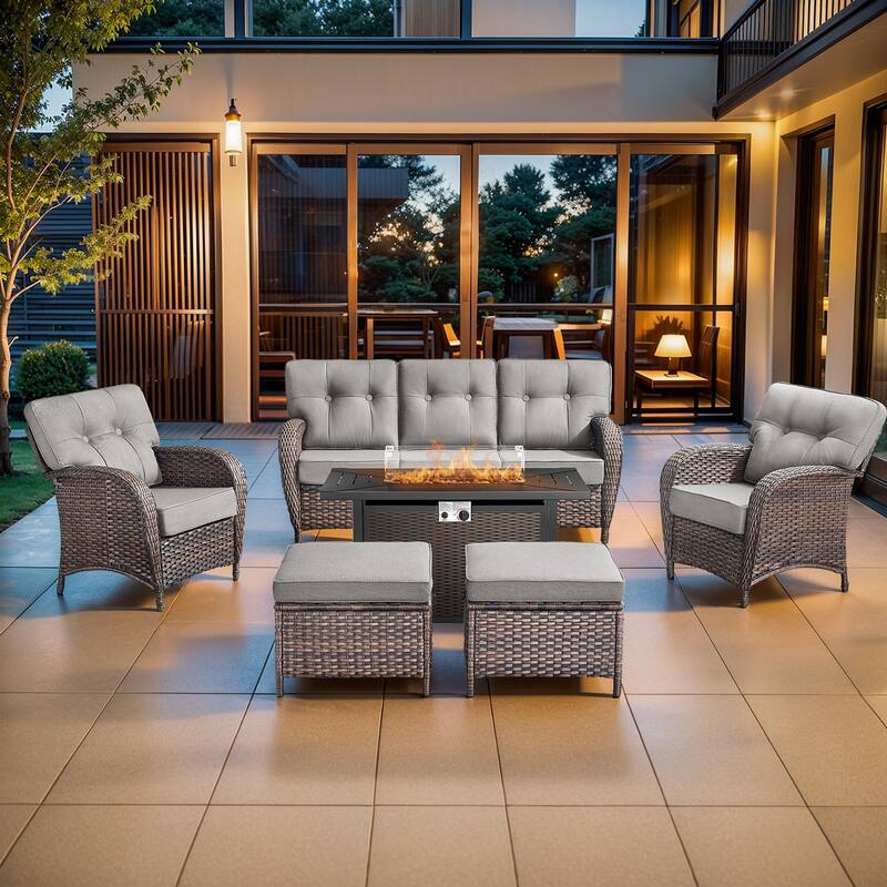Pocassy Outdoor 43 In Fire Table with Sofa Patio Chair Set - Brown Wicker Gray Cushion - 8-Piece Sofa Patio Chair Ottoman with Fire Table