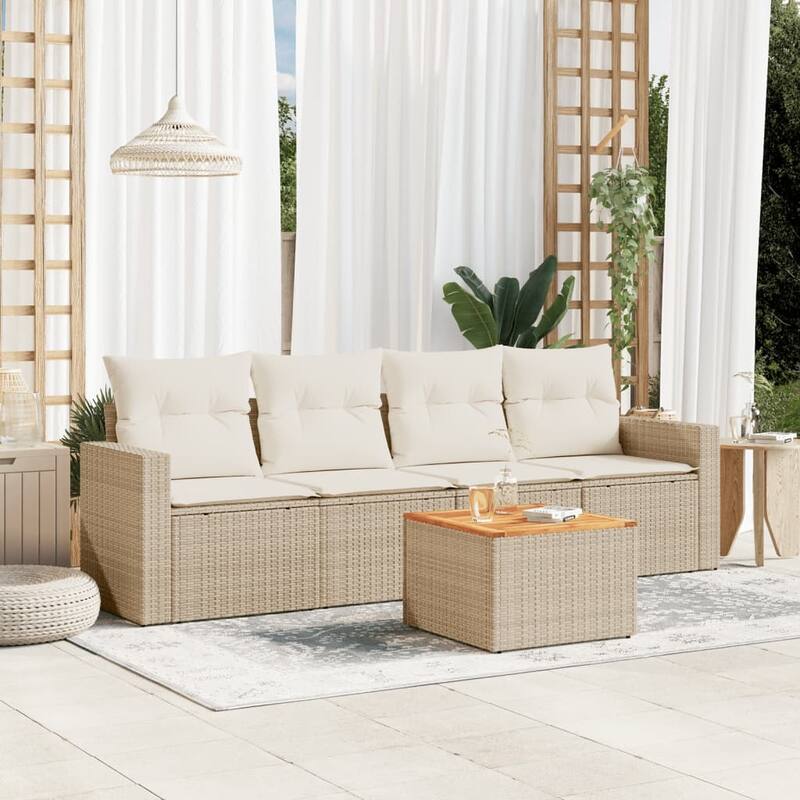 vidaXL Patio Sofa Set with Cushions Outdoor Furniture 5 Piece Poly Rattan - 25.8 x 24.4 x 27.2 - Beige and Cream