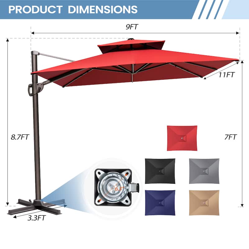 11 x 9 ft Outdoor Rectangular Patio Offset Cantilever Umbrella with 360-degree Rotation and 6 Shade Angles