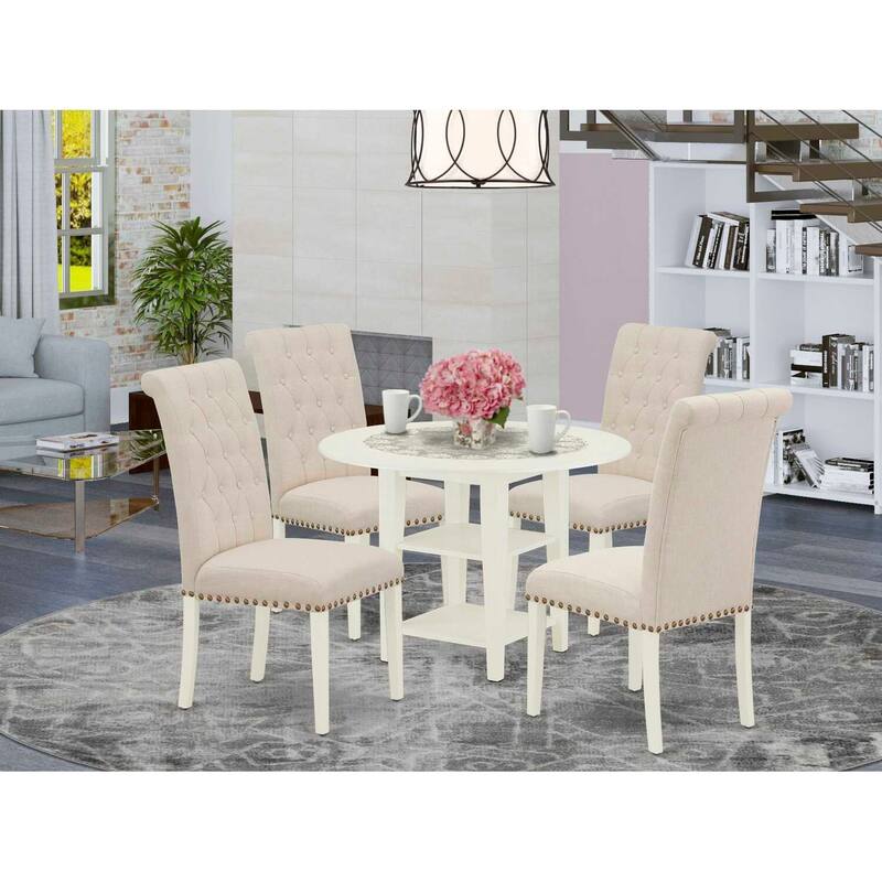 HomeStock 5-Pc Linen White Finish Solid Wood Top - Round Dining Room Set with Dropleaf - Seats 4