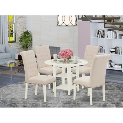 HomeStock 5-Pc Linen White Finish Solid Wood Top - Round Dining Room Set with Dropleaf - Seats 4