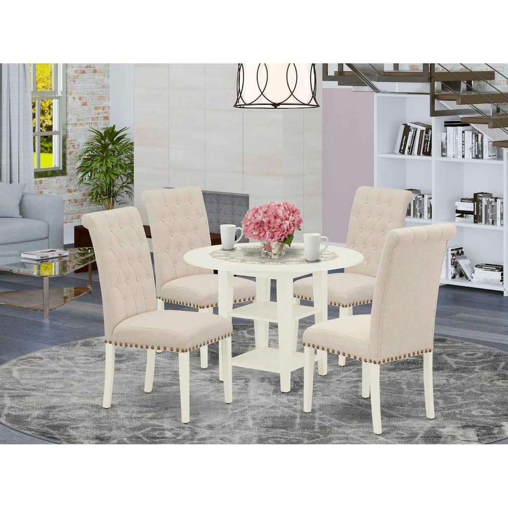 HomeStock 5-Pc Linen White Finish Solid Wood Top - Round Dining Room Set with Dropleaf - Seats 4