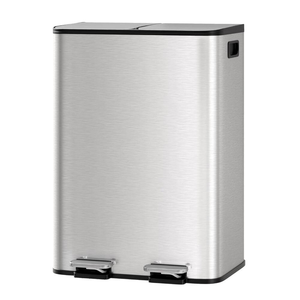 2 x 8 Gal Double Trash Can, Stainless Steel Dual Compartment Step-On Trash Can for Kitchen