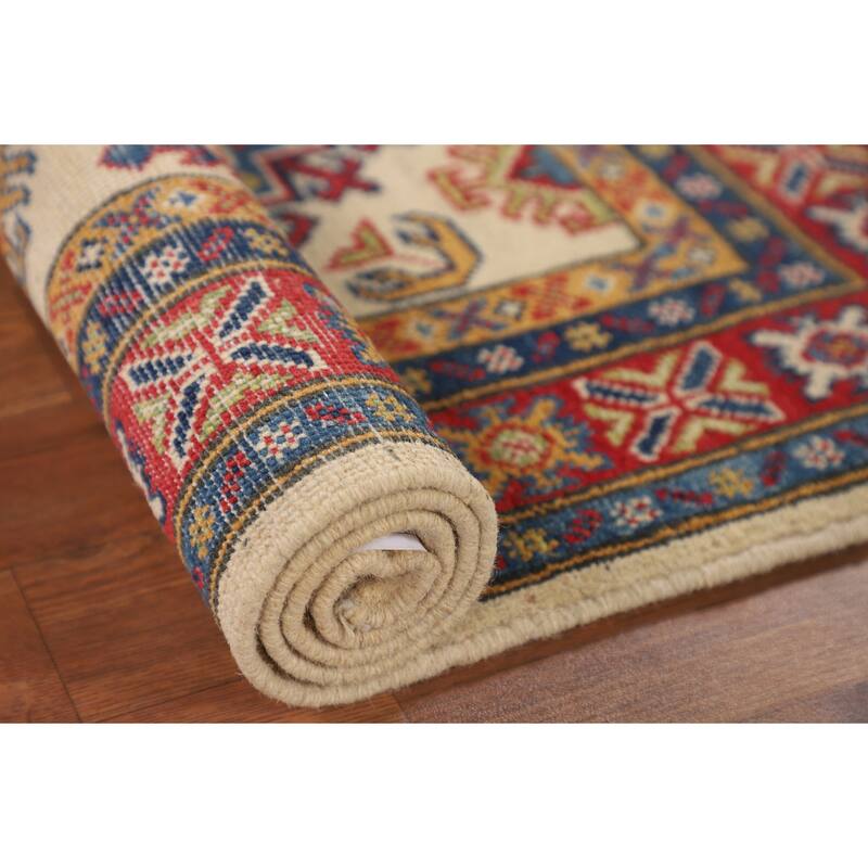 Geometric Beige Kazak Accent Rug Handmade Wool Carpet - 2'7" x 3'11"