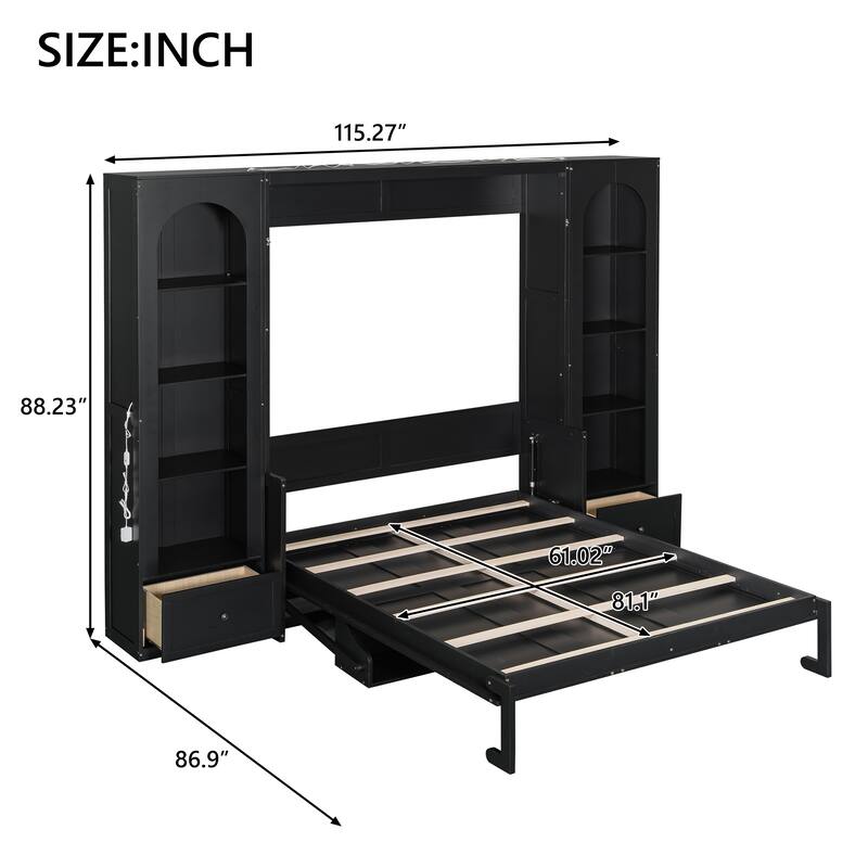 Queen Size Murphy Platform Bed with Shelf, Side Cabinets, Drawers, and LED Lights French Style
