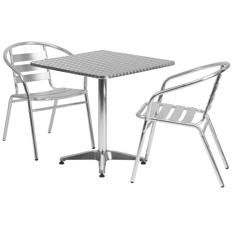 27.5" Square Aluminum Indoor-Outdoor Table Set with 2 Slat Back Chairs