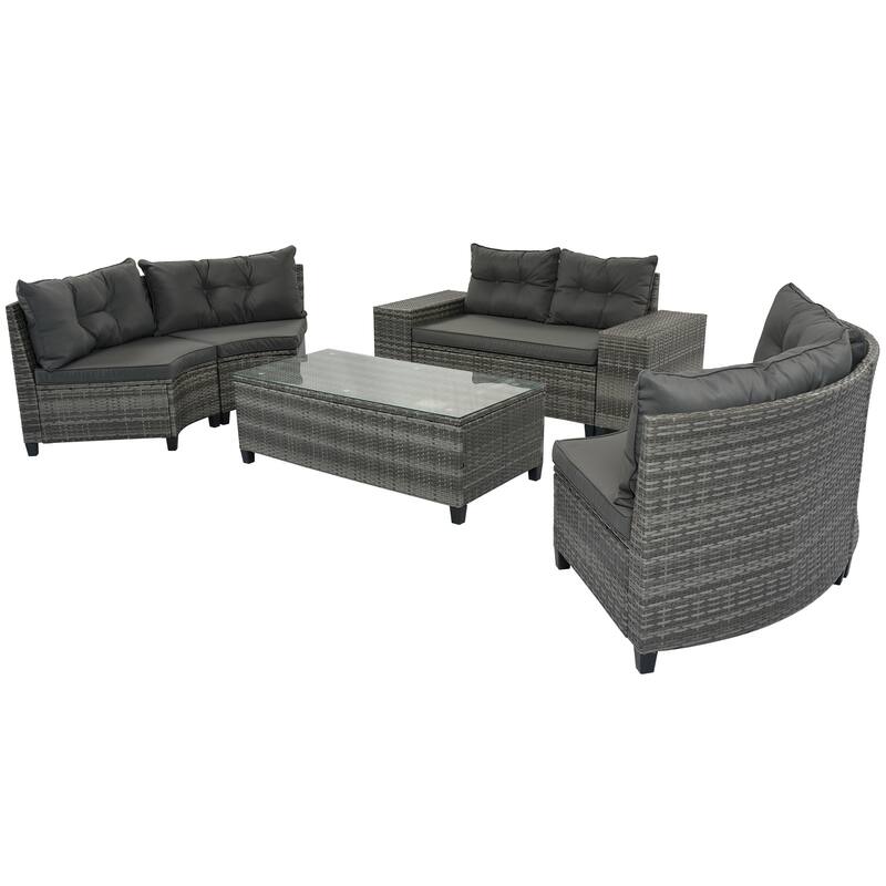 8-Piece Outdoor Patio Wicker Half-Moon Sectional Sofa Set with Rectangular Coffee Table