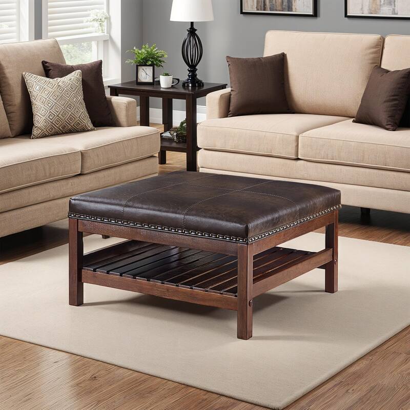 Coffee Table Cocktail Ottoman with Storage Shelf - Large Upholstered Centerpiece with Open Shelf for Storage and Decor