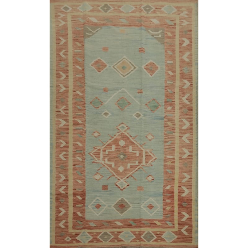 Hand Woven Southwestern Wool Blue Geometric Area Rug - 8' 2'' X 4' 9''