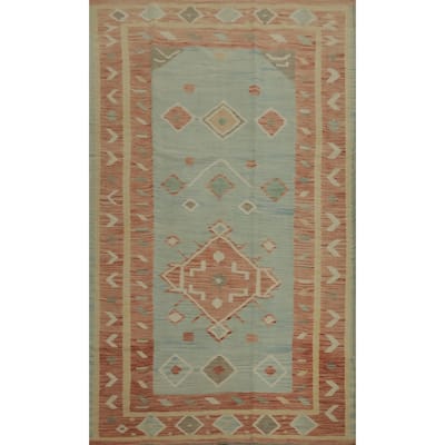 Hand Woven Southwestern Wool Blue Geometric Area Rug - 8' 2'' X 4' 9''