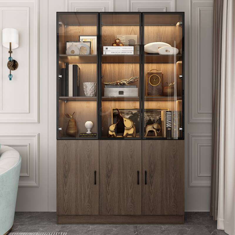 LED-Lit Wood Grain Cabinet - Configurable Storage for Home or Office