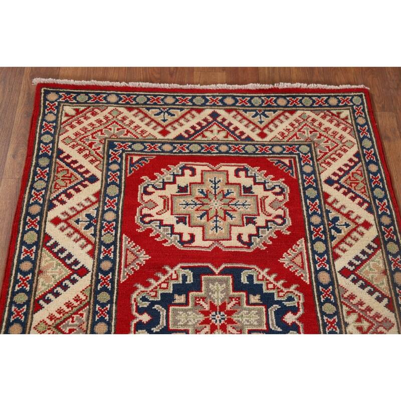 Red Geometric Kazak Oriental Runner Rug Hand-Knotted Wool Carpet - 2'8" x 9'4"