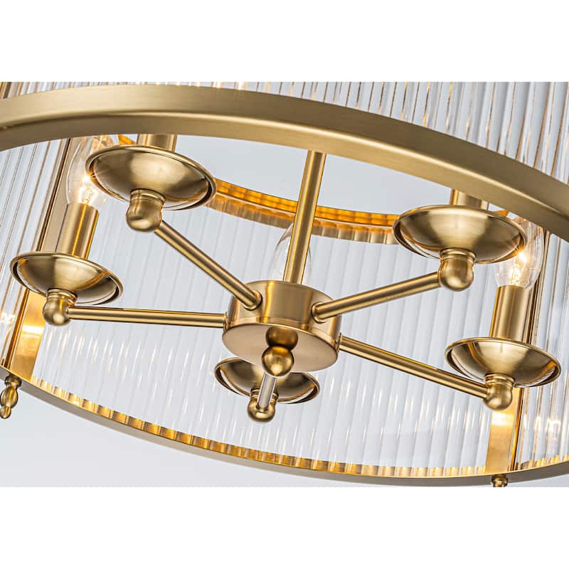 Modern Glam 5-Light Clear Ribbed Glass Drum Chandelier for Dining and Living Room - Gold