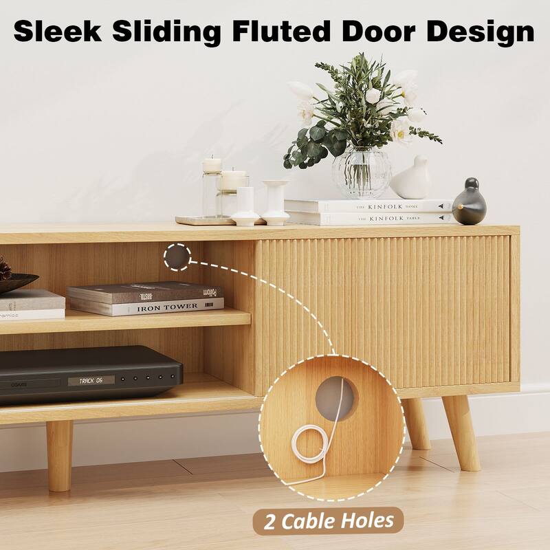 Gymojoy 63" TV Stand for TVs Up to 75 Inches, Boho Entertainment Center with Fluted Sliding Doors & Shelves. - 63"W.