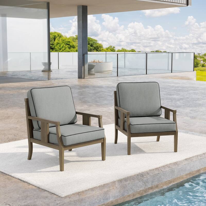 Set of 2 Outdoor Teak Wood Armchairs with Cushions, Patio Club Chairs