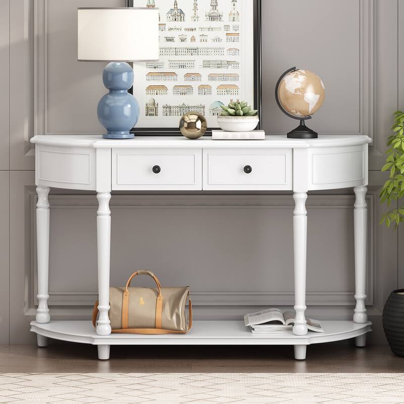 Solid Wood Circular Curved Design Console Table with Open Style Shelf