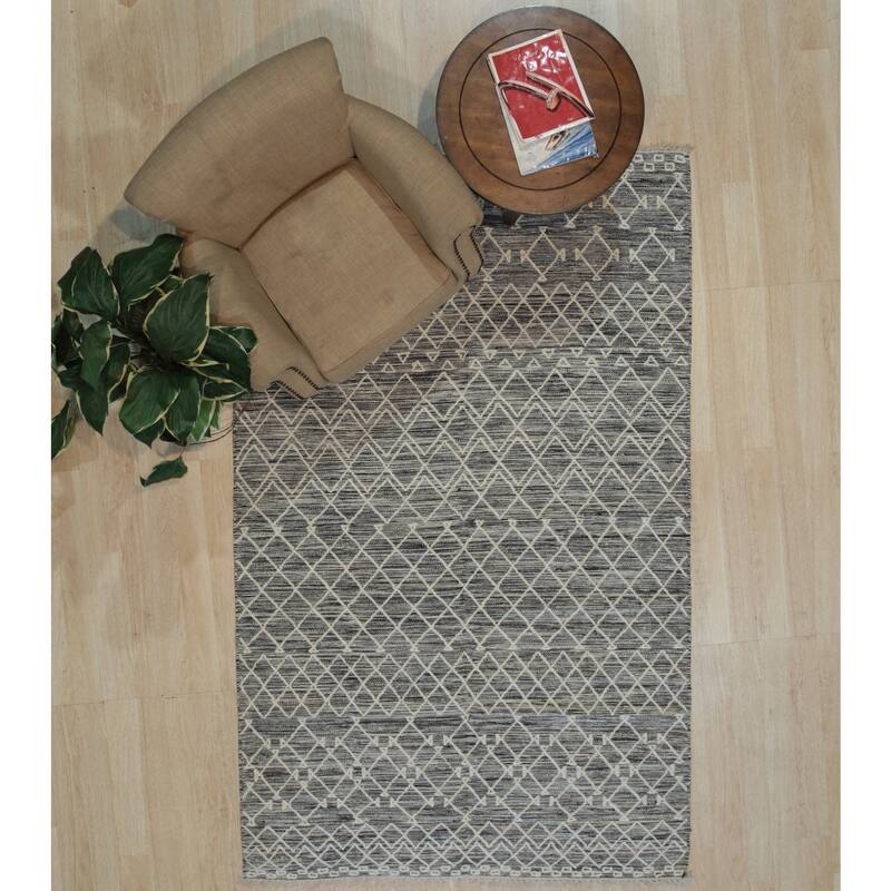 Black Handwoven Wool Contemporary Kilim Rug 4' x 6' - Flat Weave Durable Stain Resistant Pile-Less - N/A