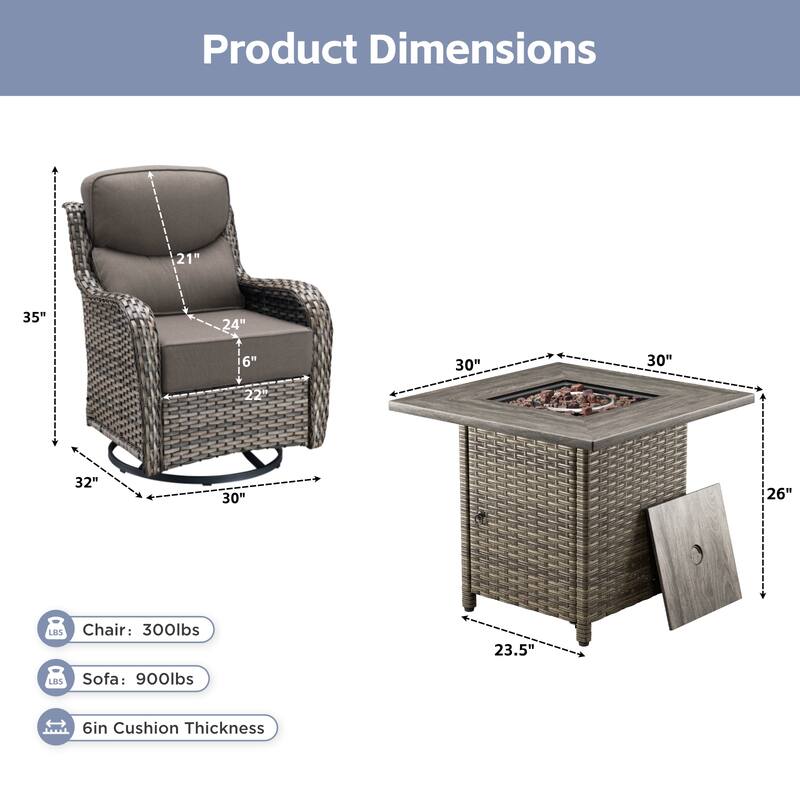 Arcadia 5-Piece Patio Conversation Set with 4 Swivel Glider Chairs and Wicker Square Fire Pit
