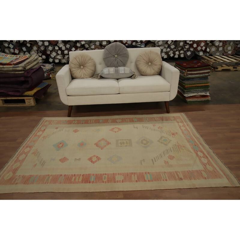 Hand Woven Oriental 100% Wool Carpet Southwestern Tribal Beige & Ivories Kilim Area Rug - 6' 7'' X 4' 9''