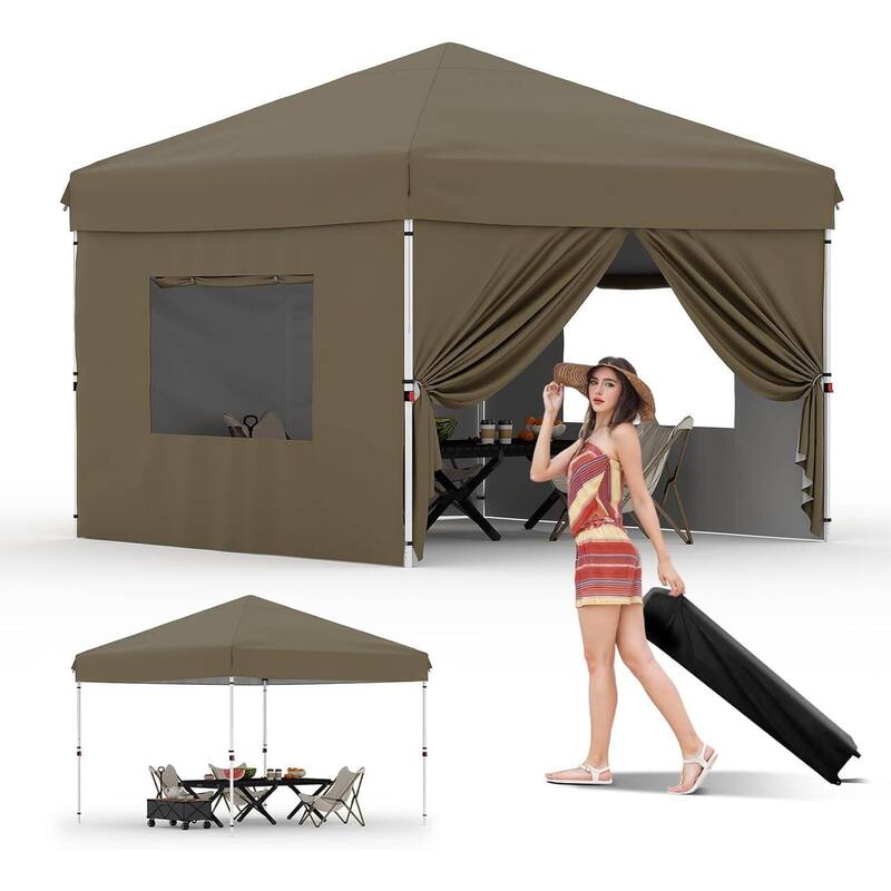 Outdoor 4-Sidewall 10x10 Pop Up Canopy Tent for Picnics, Camping - Brown