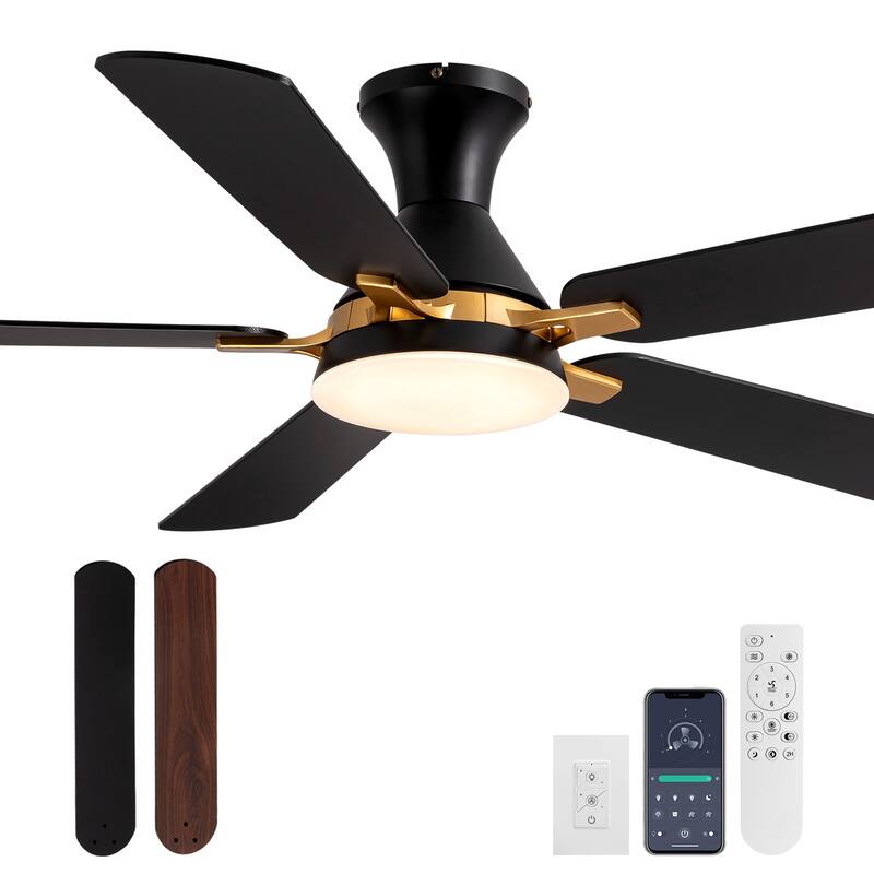 Industrial Led Ceiling Fan With Lights And Remote, Modern Black And Gold Flush Mount Ceiling Fan With 5 Blades