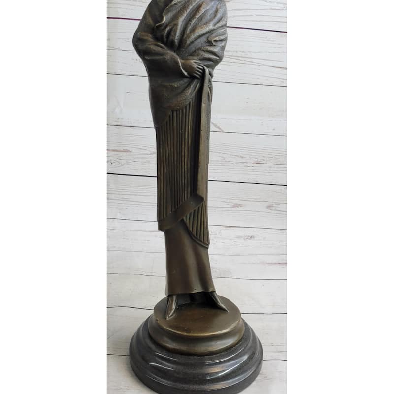 Art Deco Young Woman With Long Jacket Bronze Sculpture Marble Base Figurine 16 Inches X 5 Inches